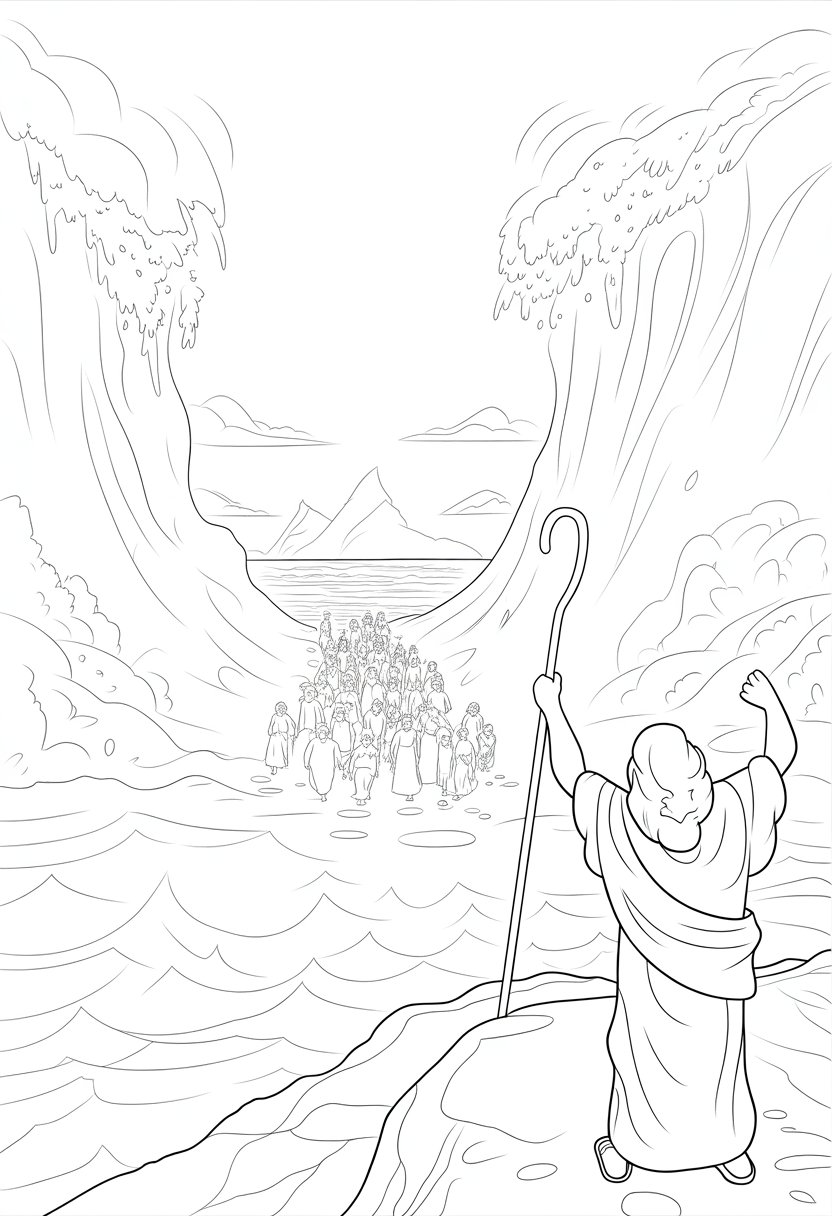 Christian Coloring Pages for Kids: 20 Inspirational Designs to Inspire Faith 31 Moses standing with a staff as the Red Sea parts into two walls, creating a dry path with people walking through.